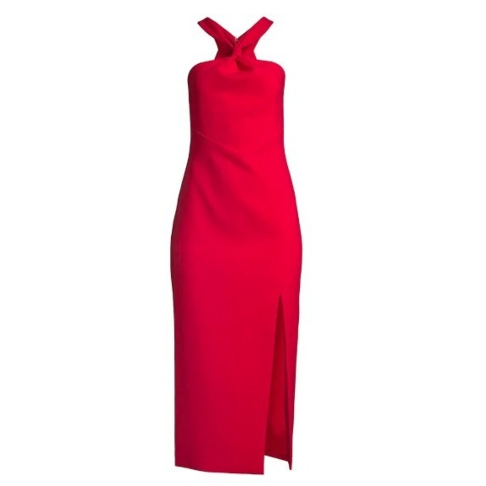 LIKELY Avie Dress Women 10 Scarlet Red Halter Knot Slit Formal Maxi Gown Glam
